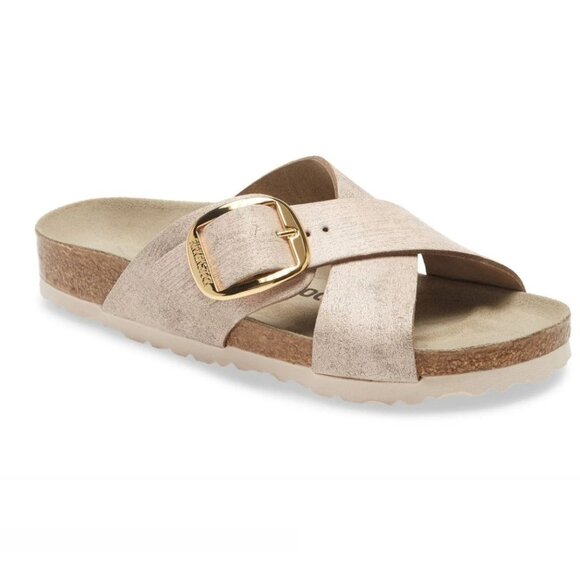 Birkenstock Shoes - Birkenstock Metallic Rose Gold Siena Big Buckle Cross Strap Sandals EU 38